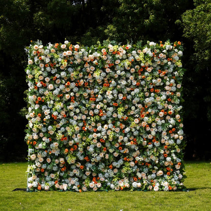 W058 Green Leaf Orange Rose Artificial Flower wall For Wedding Backdrop