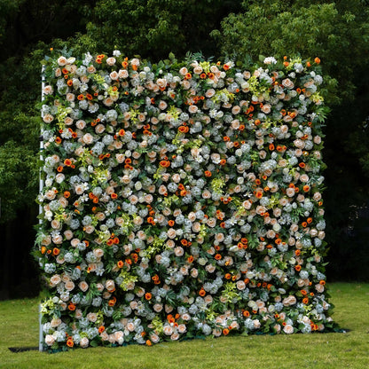 W058 Green Leaf Orange Rose Artificial Flower wall For Wedding Backdrop