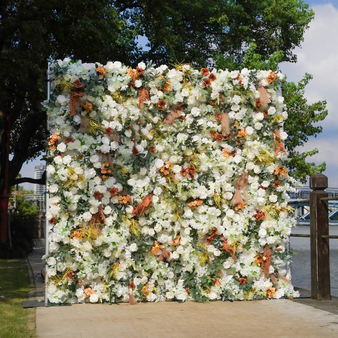 W061 White Rose Brown Pampas Artificial Flower wall Party Backdrop