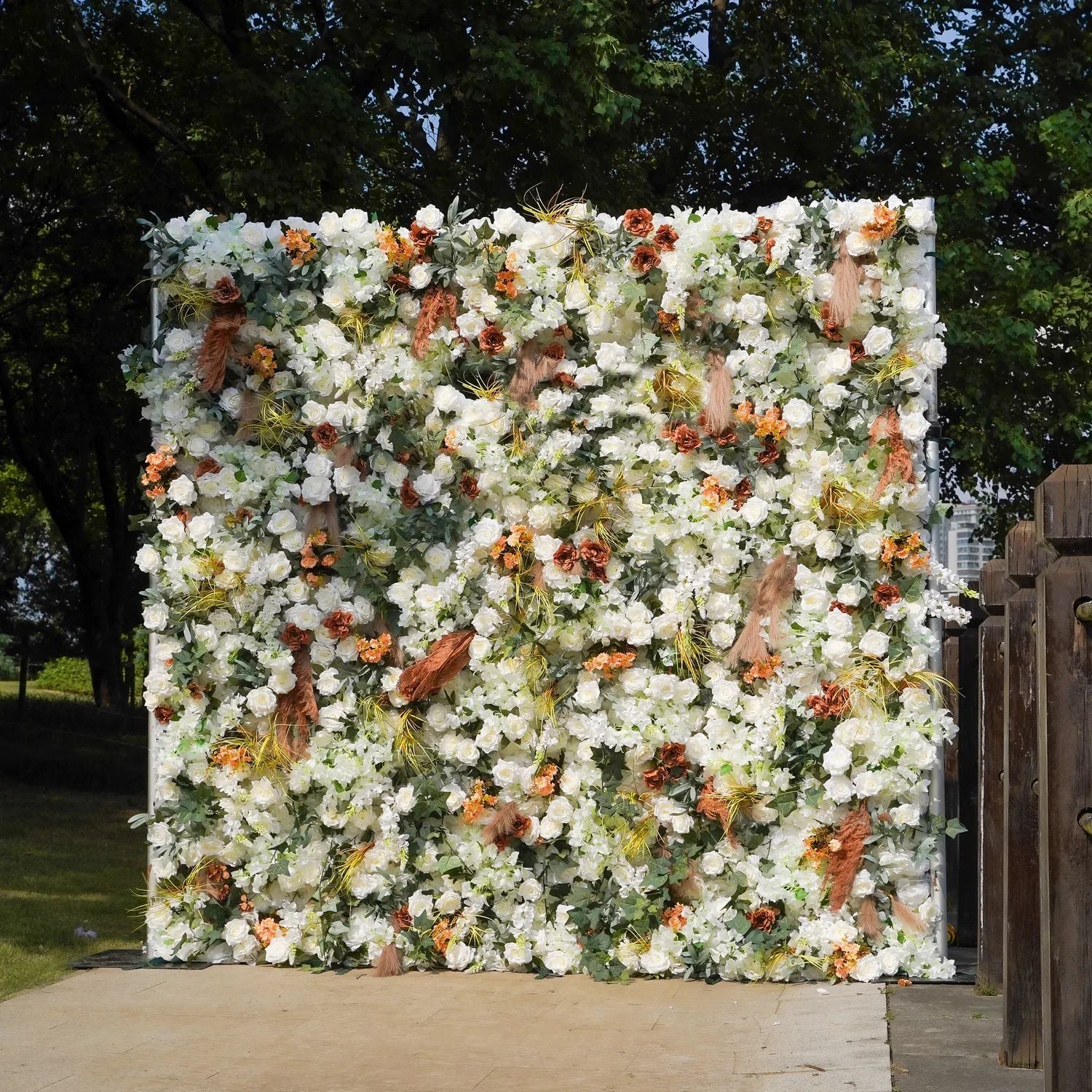 W061 White Rose Brown Pampas Artificial Flower wall Party Backdrop