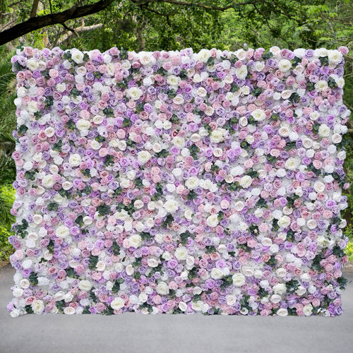 W064 Purple White Rose Rolling Up Curtain Cloth Flower Wall Backdrop Decor