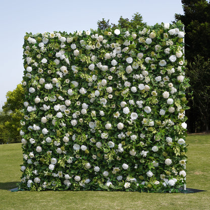 W033 Green Leaf White Rose Artificial Flower Wall For Wedding