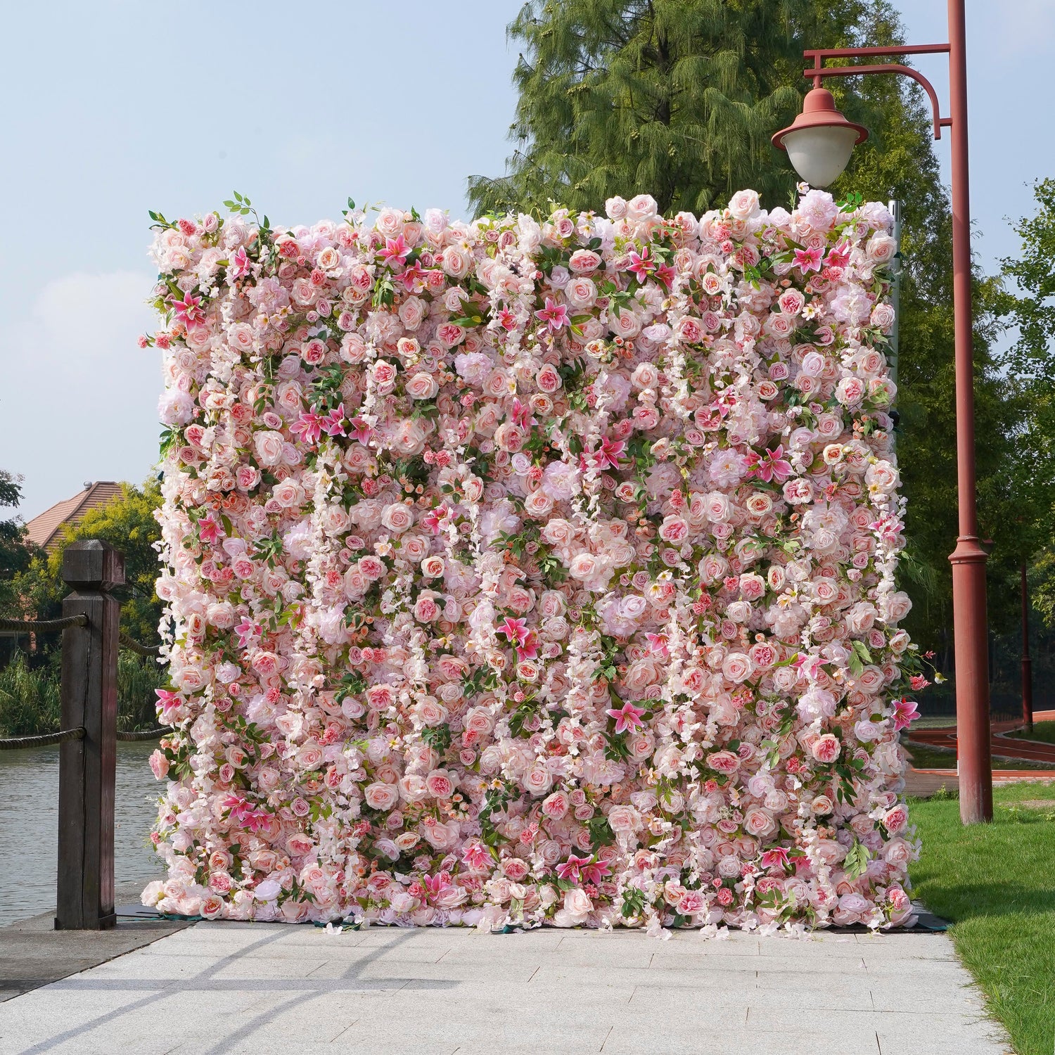 W035 Pink Roses And Lilies Wedding Artificial Flower Wall Backdrop