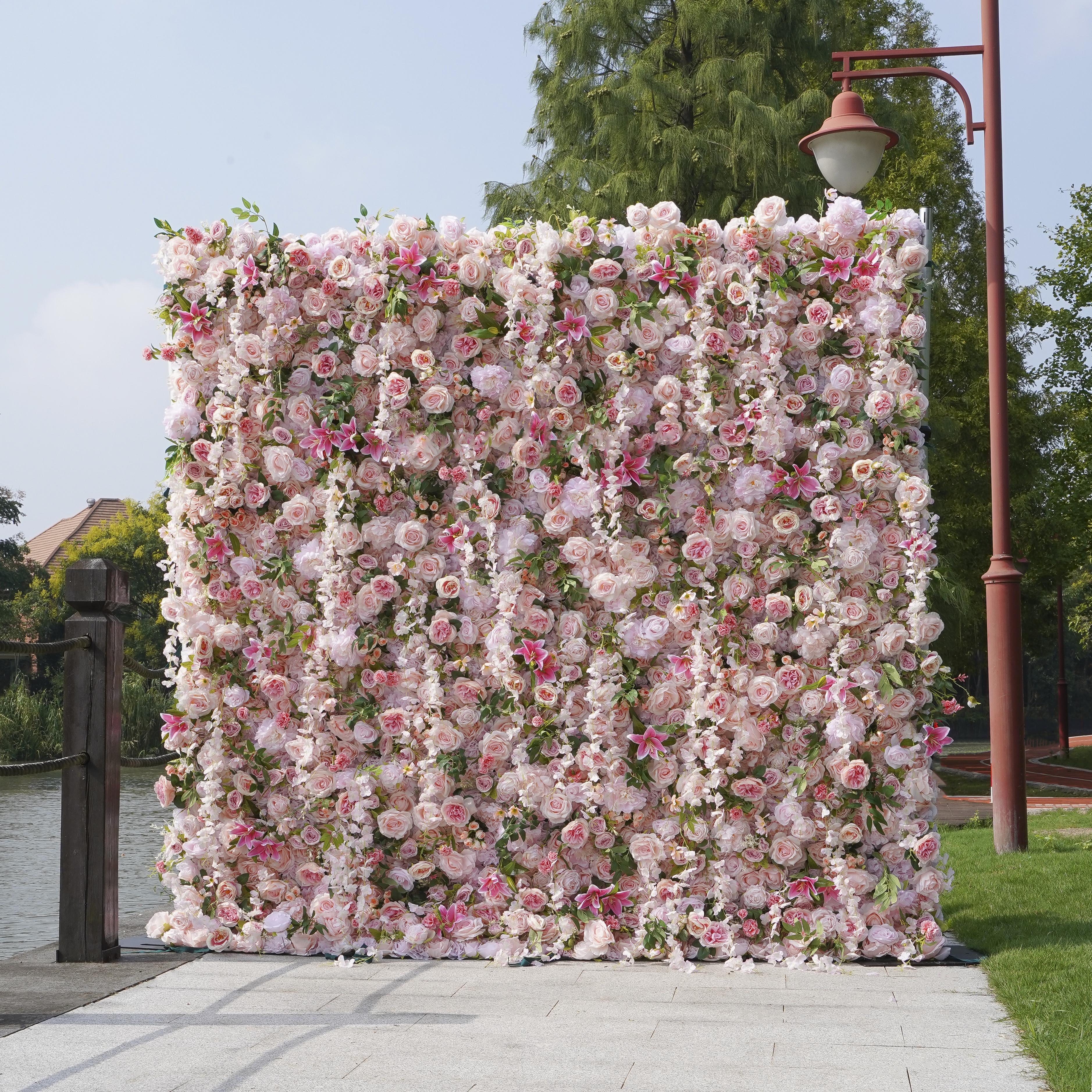 W035 Pink Roses And Lilies Wedding Artificial Flower Wall Backdrop