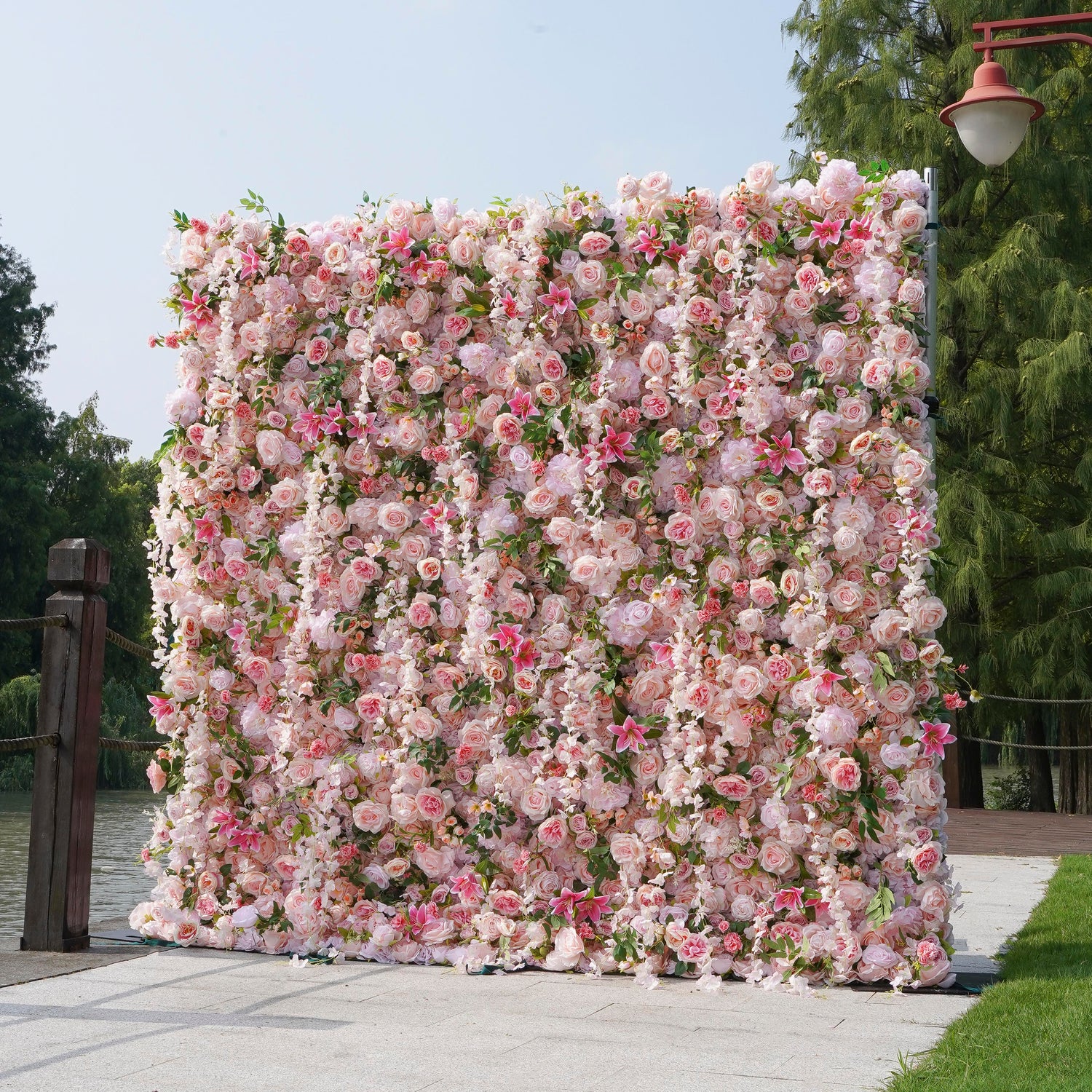 W035 Pink Roses And Lilies Wedding Artificial Flower Wall Backdrop