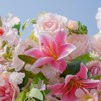 W035 Pink Roses And Lilies Wedding Artificial Flower Wall Backdrop